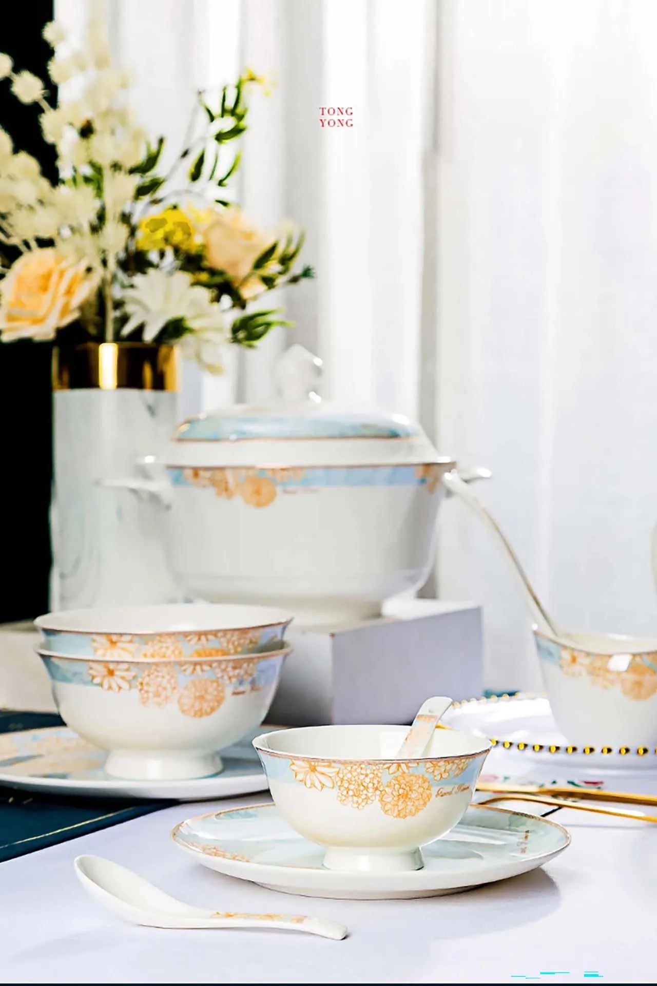 ¡Éxtasis Floral! Juego de Platos Dorados - HOONRA High-Grade Dessert Soup Ceramic Dinner Plate Set