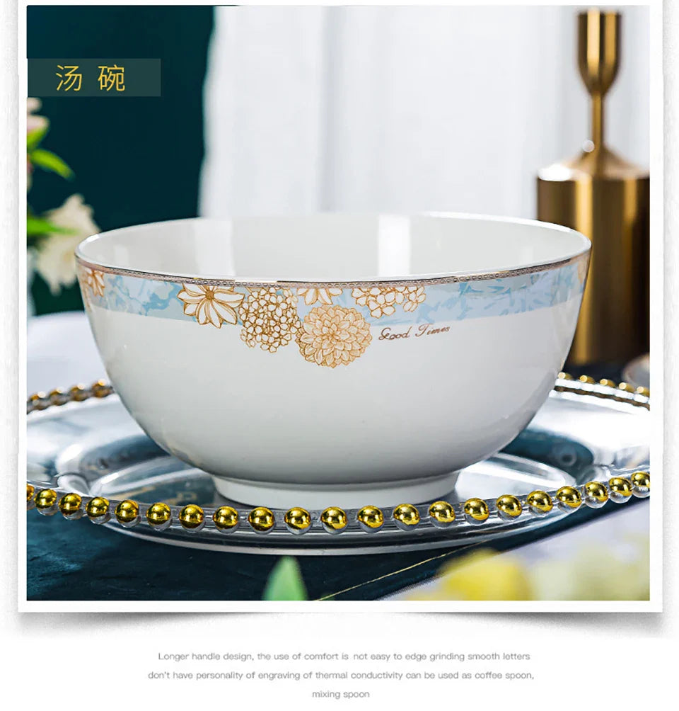 ¡Éxtasis Floral! Juego de Platos Dorados - HOONRA High-Grade Dessert Soup Ceramic Dinner Plate Set