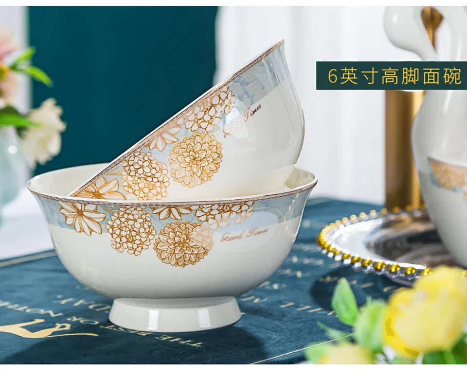 ¡Éxtasis Floral! Juego de Platos Dorados - HOONRA High-Grade Dessert Soup Ceramic Dinner Plate Set