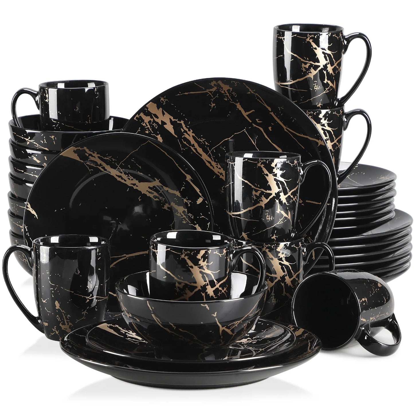 ¡Lujo en Mármol Negro: Complete Tableware Feature! - 32-PCS Black / UNITED KINGDOM - Procelain Dinnerware Set