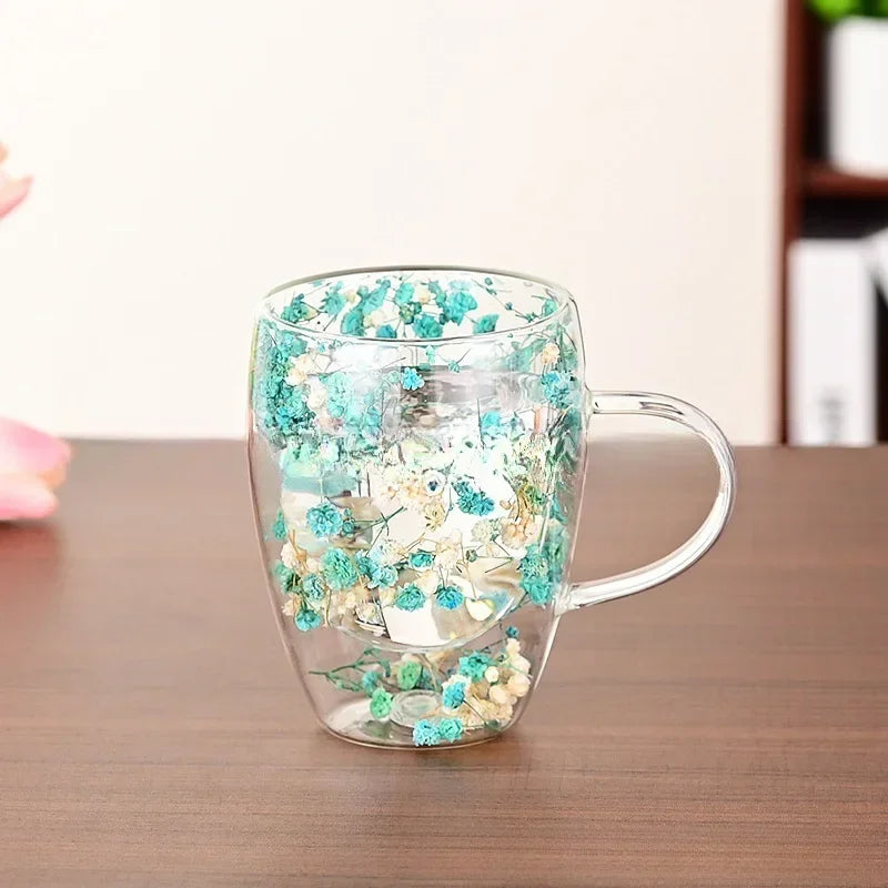 Tazas Florales de Vidrio Borosilicato Extraordinarias - White-blue / 350ml - Glass Mugs