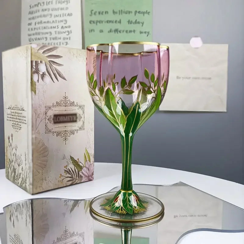 1pcs Austrian Style Pink Hand-painted Champagne Glass Crystal Red Wine Cup Ice Cream Bowl Vintage Flower Pattern Glass