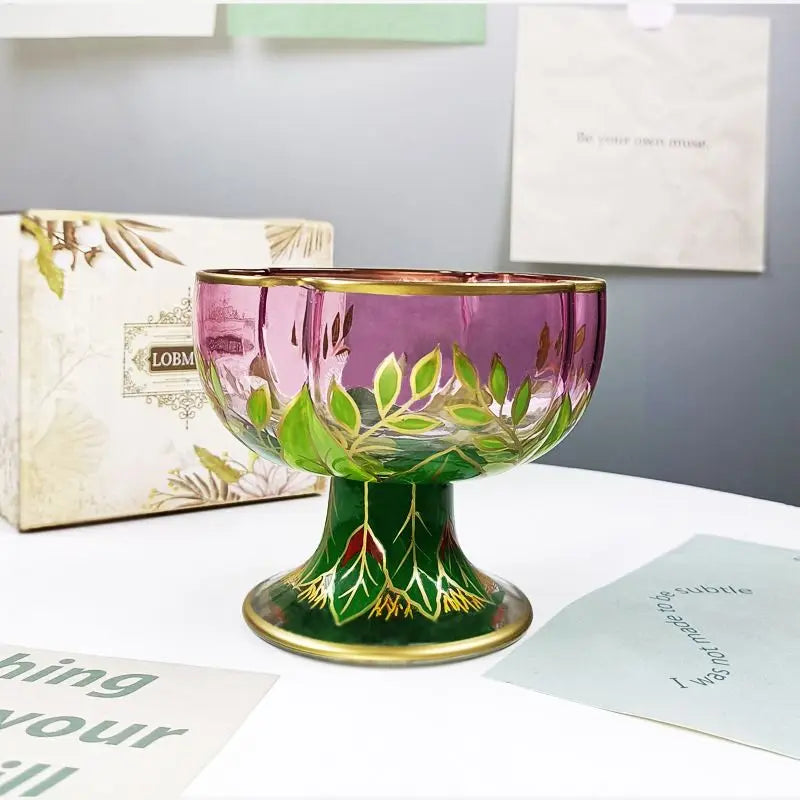 1pcs Austrian Style Pink Hand-painted Champagne Glass Crystal Red Wine Cup Ice Cream Bowl Vintage Flower Pattern Glass