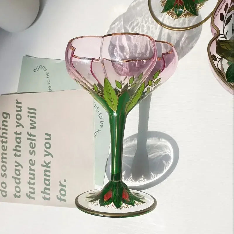 1pcs Austrian Style Pink Hand-painted Champagne Glass Crystal Red Wine Cup Ice Cream Bowl Vintage Flower Pattern Glass