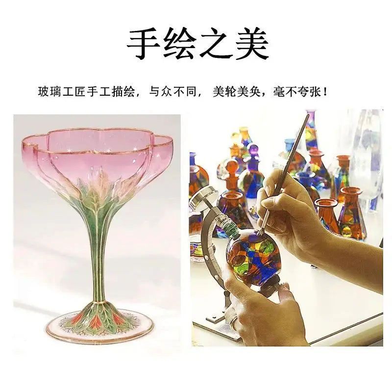 1pcs Austrian Style Pink Hand-painted Champagne Glass Crystal Red Wine Cup Ice Cream Bowl Vintage Flower Pattern Glass
