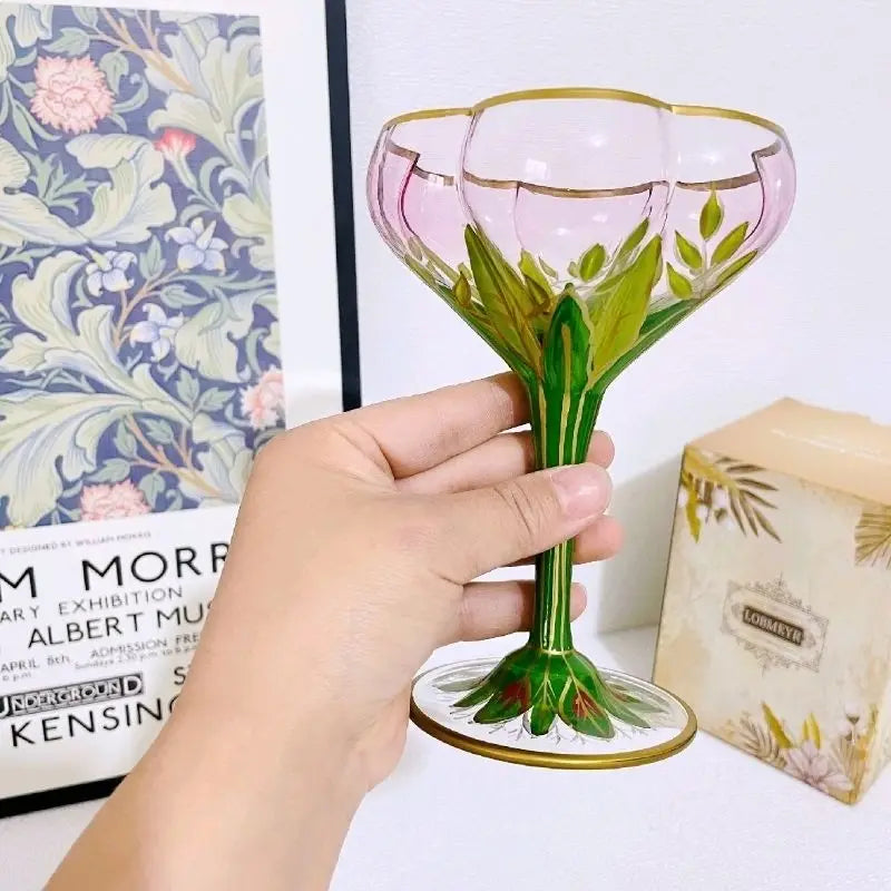 1pcs Austrian Style Pink Hand-painted Champagne Glass Crystal Red Wine Cup Ice Cream Bowl Vintage Flower Pattern Glass