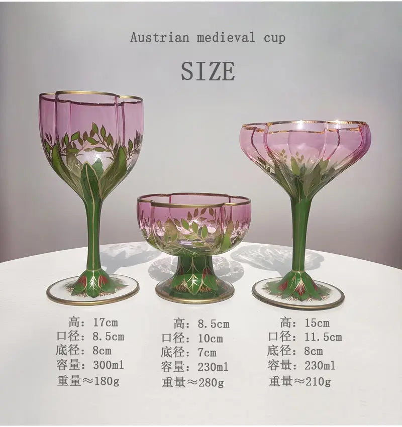 1pcs Austrian Style Pink Hand-painted Champagne Glass Crystal Red Wine Cup Ice Cream Bowl Vintage Flower Pattern Glass