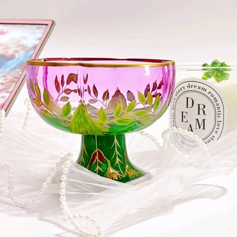 1pcs Austrian Style Pink Hand-painted Champagne Glass Crystal Red Wine Cup Ice Cream Bowl Vintage Flower Pattern Glass