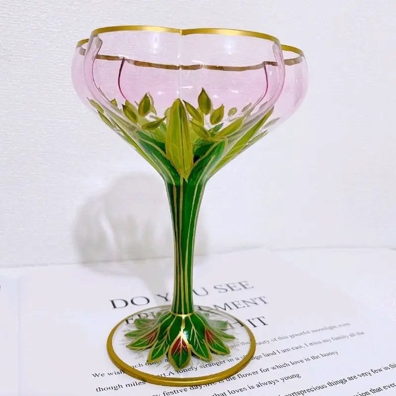 1pcs Austrian Style Pink Hand-painted Champagne Glass Crystal Red Wine Cup Ice Cream Bowl Vintage Flower Pattern Glass