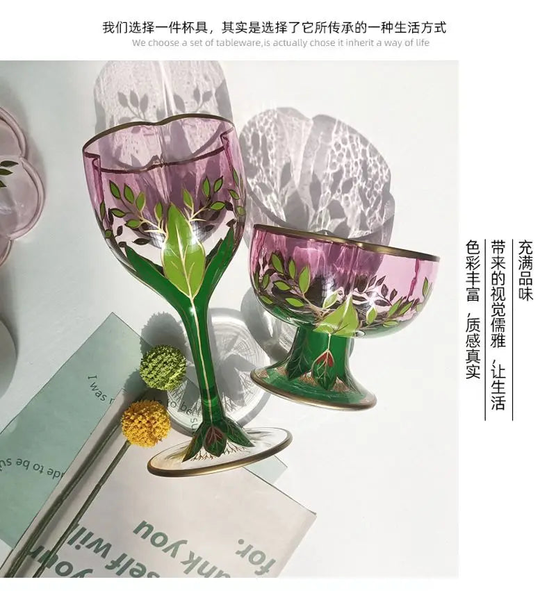 1pcs Austrian Style Pink Hand-painted Champagne Glass Crystal Red Wine Cup Ice Cream Bowl Vintage Flower Pattern Glass