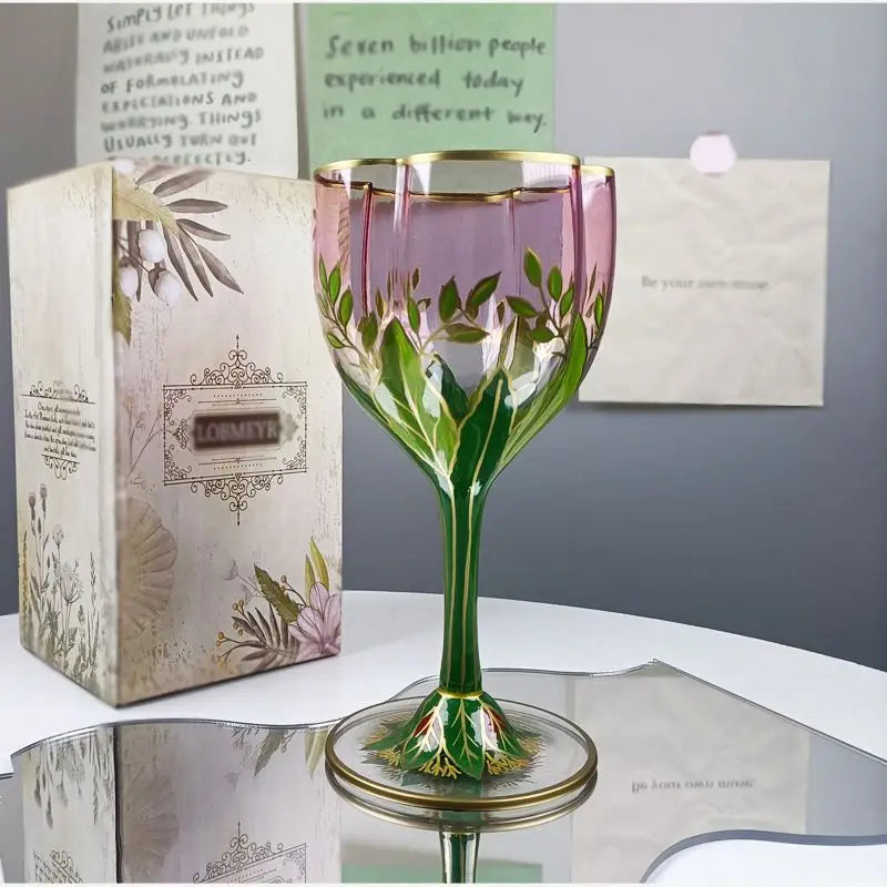 1pcs Austrian Style Pink Hand-painted Champagne Glass Crystal Red Wine Cup Ice Cream Bowl Vintage Flower Pattern Glass
