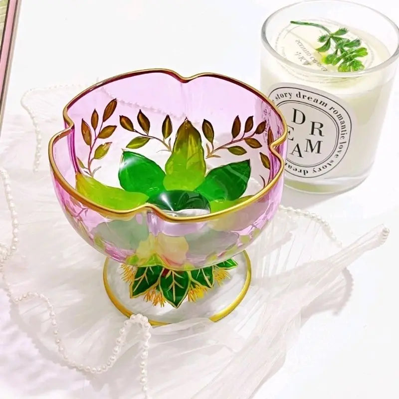 1pcs Austrian Style Pink Hand-painted Champagne Glass Crystal Red Wine Cup Ice Cream Bowl Vintage Flower Pattern Glass