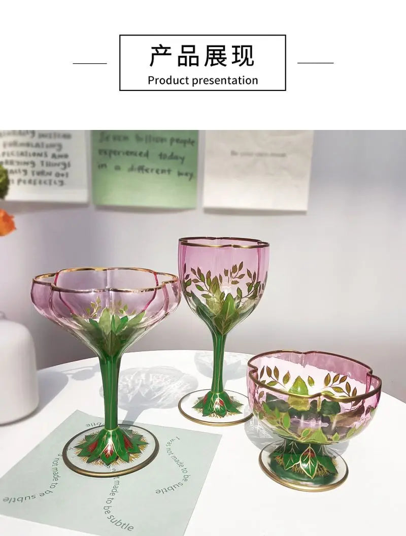 1pcs Austrian Style Pink Hand-painted Champagne Glass Crystal Red Wine Cup Ice Cream Bowl Vintage Flower Pattern Glass