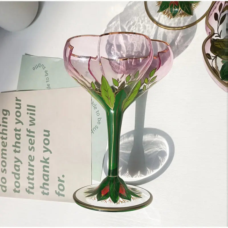 1pcs Austrian Style Pink Hand-painted Champagne Glass Crystal Red Wine Cup Ice Cream Bowl Vintage Flower Pattern Glass