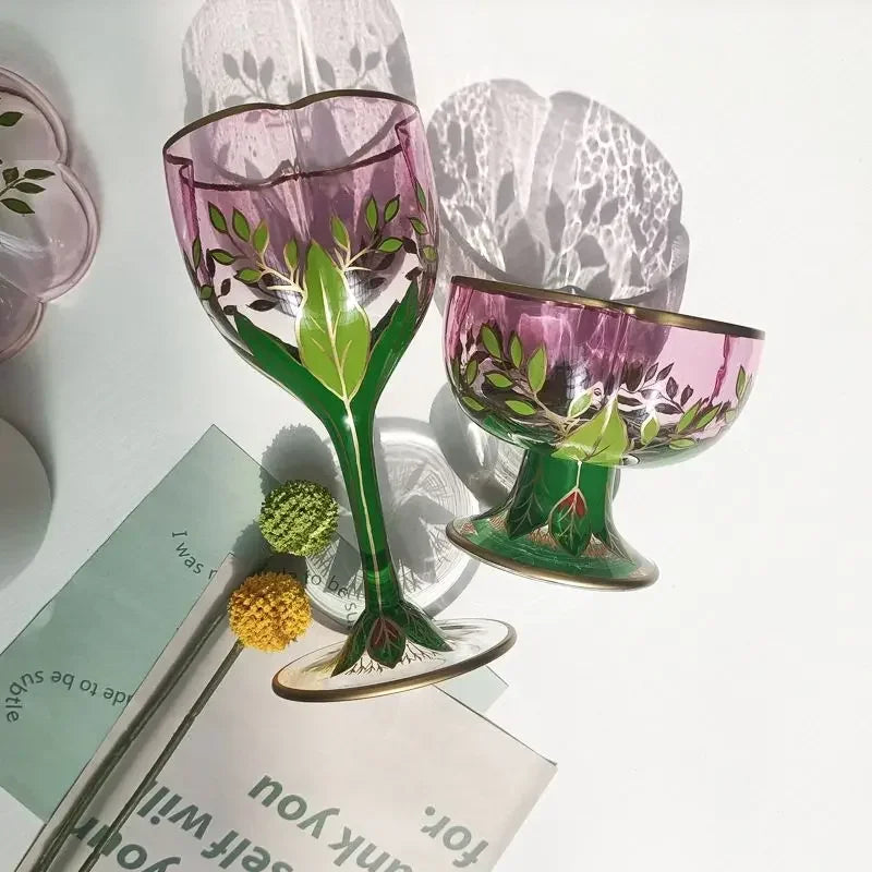 1pcs Austrian Style Pink Hand-painted Champagne Glass Crystal Red Wine Cup Ice Cream Bowl Vintage Flower Pattern Glass