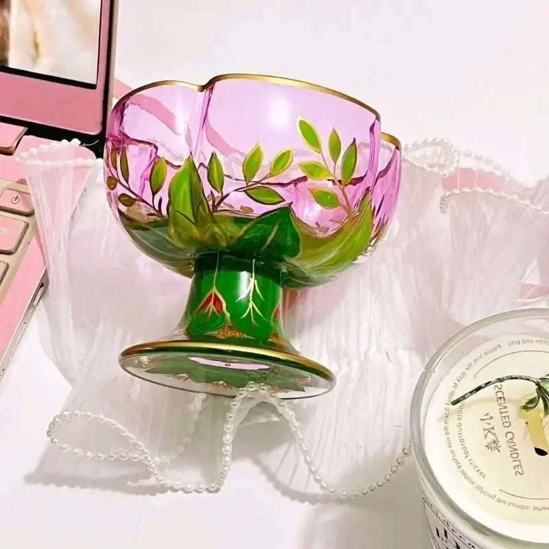 1pcs Austrian Style Pink Hand-painted Champagne Glass Crystal Red Wine Cup Ice Cream Bowl Vintage Flower Pattern Glass