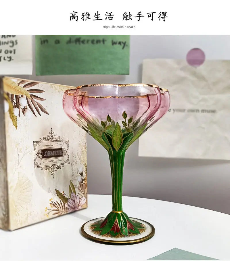 1pcs Austrian Style Pink Hand-painted Champagne Glass Crystal Red Wine Cup Ice Cream Bowl Vintage Flower Pattern Glass