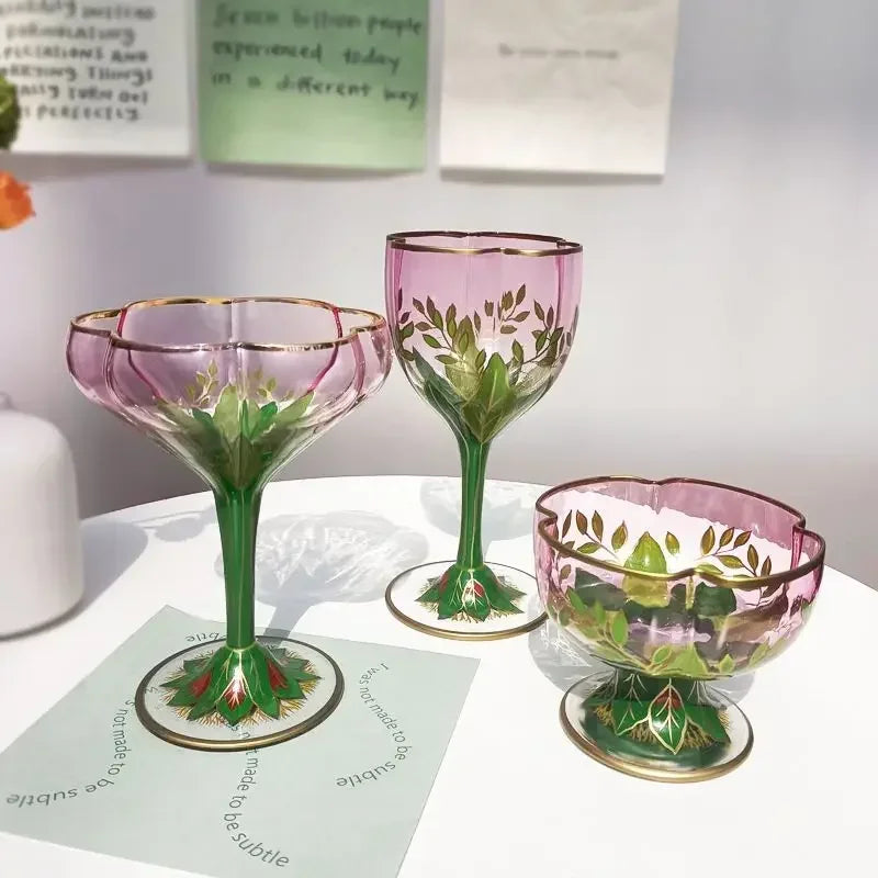 1pcs Austrian Style Pink Hand-painted Champagne Glass Crystal Red Wine Cup Ice Cream Bowl Vintage Flower Pattern Glass