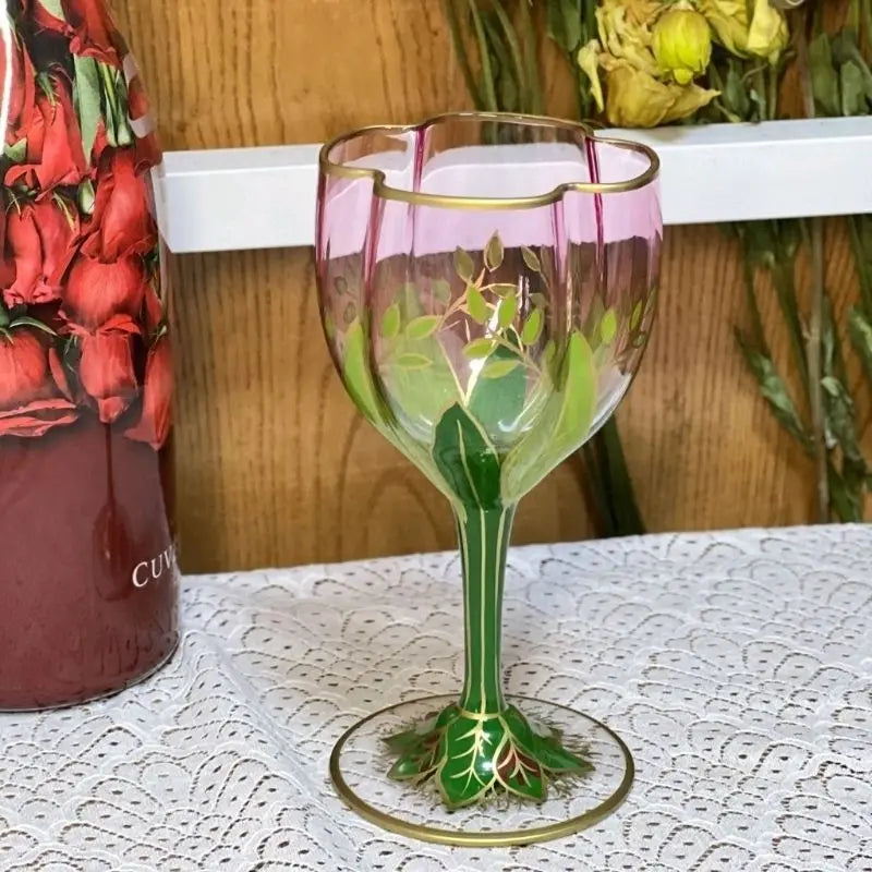 1pcs Austrian Style Pink Hand-painted Champagne Glass Crystal Red Wine Cup Ice Cream Bowl Vintage Flower Pattern Glass