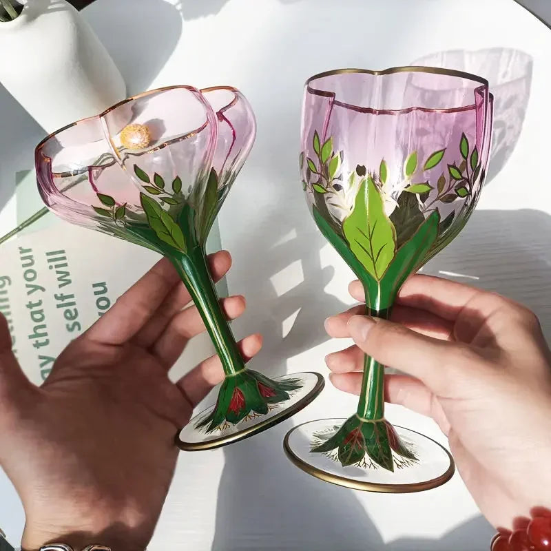 1pcs Austrian Style Pink Hand-painted Champagne Glass Crystal Red Wine Cup Ice Cream Bowl Vintage Flower Pattern Glass