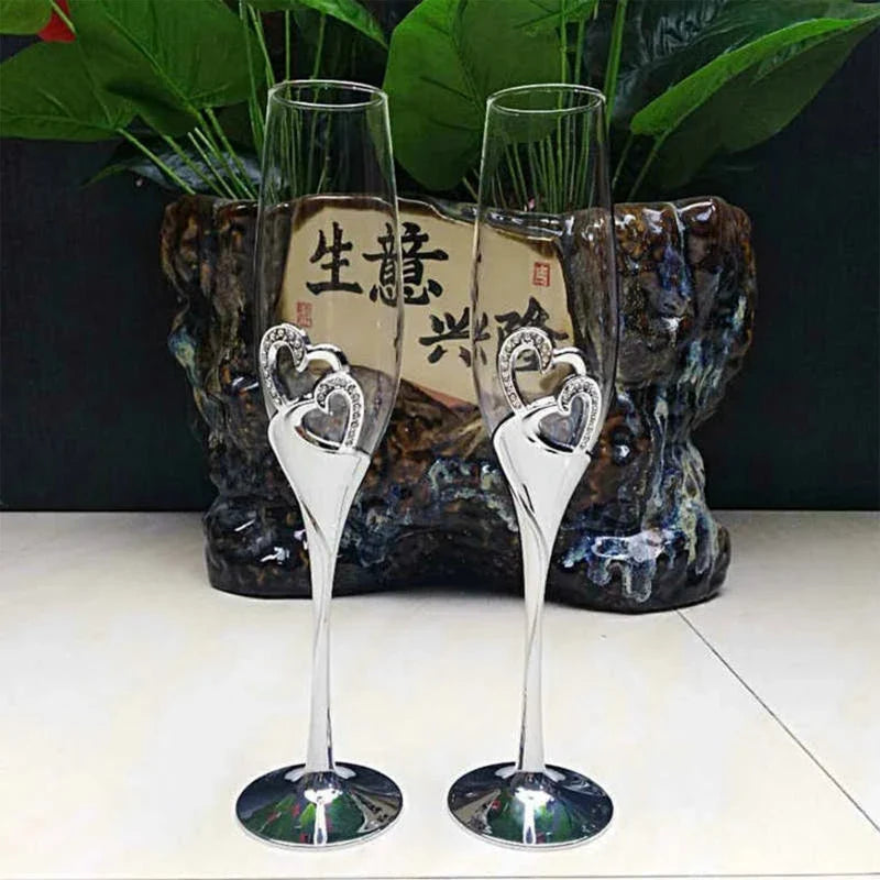 2Pcs 400ml Wedding Champagne Glass Set Toasting Flute Glasses with Crystal Rimmed Hearts Decor Drink Goblet Cup