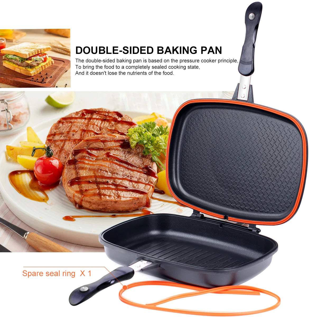 Double Sided Frying Pan, Non-stick Aluminum Baking Pan with Heat-Resistant Handle,Omelet Sandwich Toaster Pans Outdoor Camping