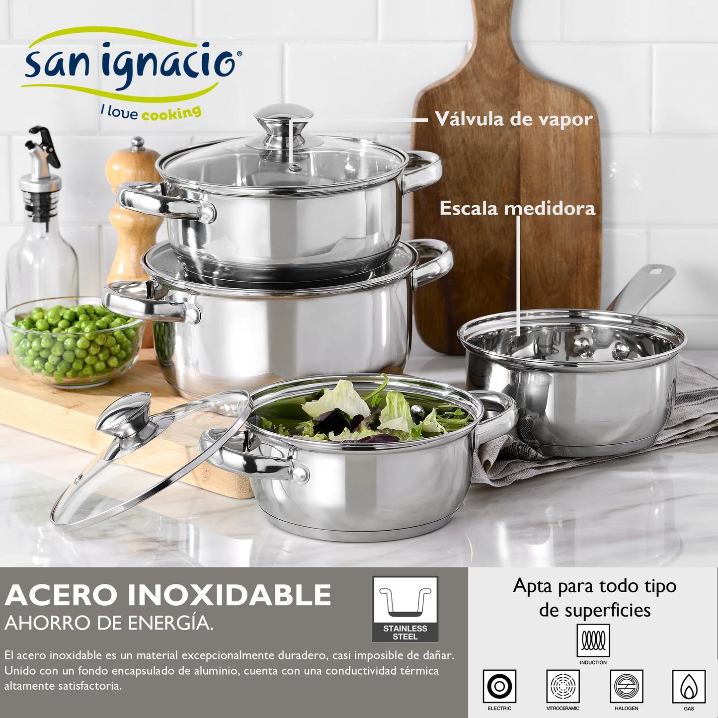 SAN IGNACIO 7 pieces kitchen battery made of stainless steel suitable for all kinds of fires