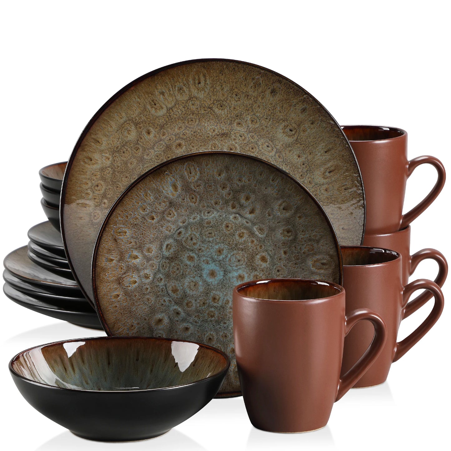 Vintage Ceramic Blue/Brown Stoneware Set with Dinner&Dessert Plate,Bowl,Coffee Cups