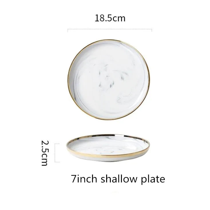 New Double-sided Gilt Rim Gray Marble Pattern Porcelain Dinner Tray Kitchen Plates Ceramic Food Dishes Rice Salad Noodles Bowl