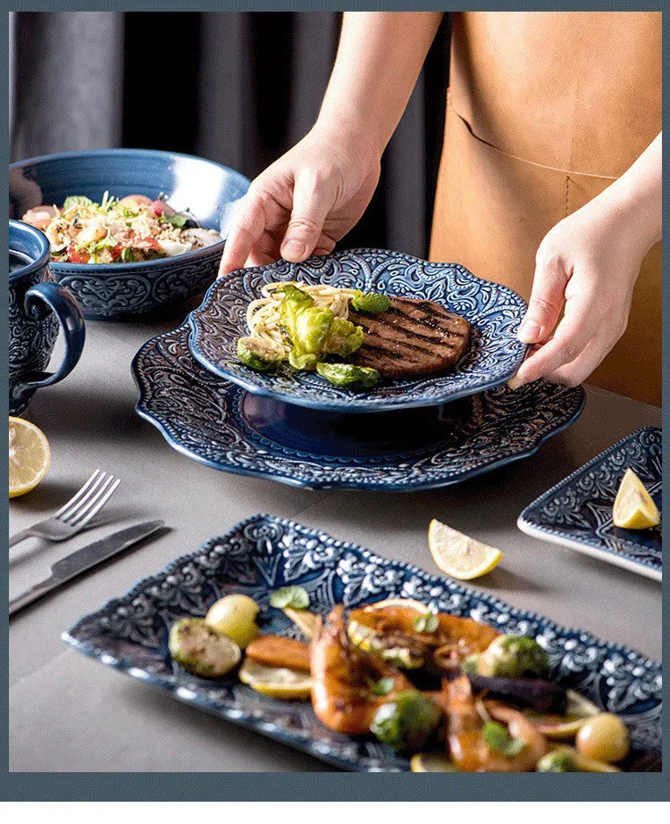 Relief Western Dinner Plates Set Dinnerware Ceramic Tray Steak Dish Dessert Noodle Bowl Cup Series For Home Hotel Use