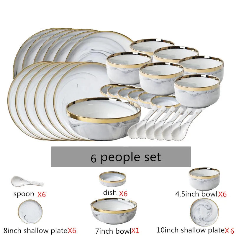 New Double-sided Gilt Rim Gray Marble Pattern Porcelain Dinner Tray Kitchen Plates Ceramic Food Dishes Rice Salad Noodles Bowl