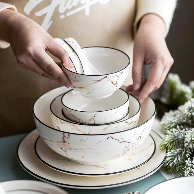 Black Border Ceramic Dishes and Plates Sets, Creative Marble Dinner Plate, Nordic Round Dessert Dishes, Household Tableware
