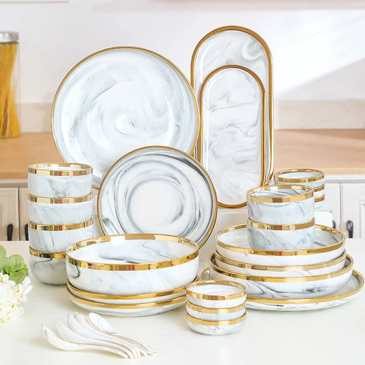 New Double-sided Gilt Rim Gray Marble Pattern Gilt Rim Porcelain Dinner Plate Set  Salad Noodles Bowl Ceramic Tableware