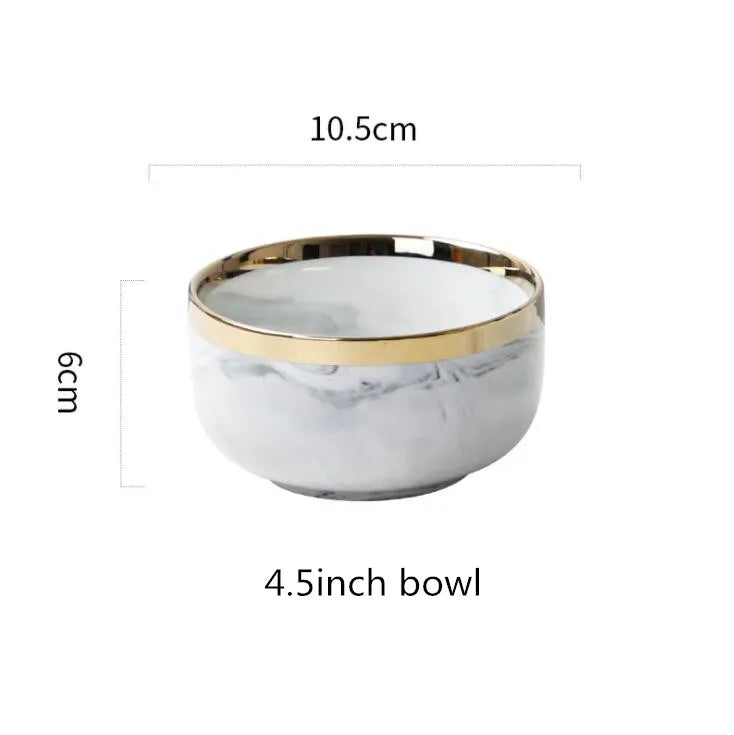 New Double-sided Gilt Rim Gray Marble Pattern Porcelain Dinner Tray Kitchen Plates Ceramic Food Dishes Rice Salad Noodles Bowl