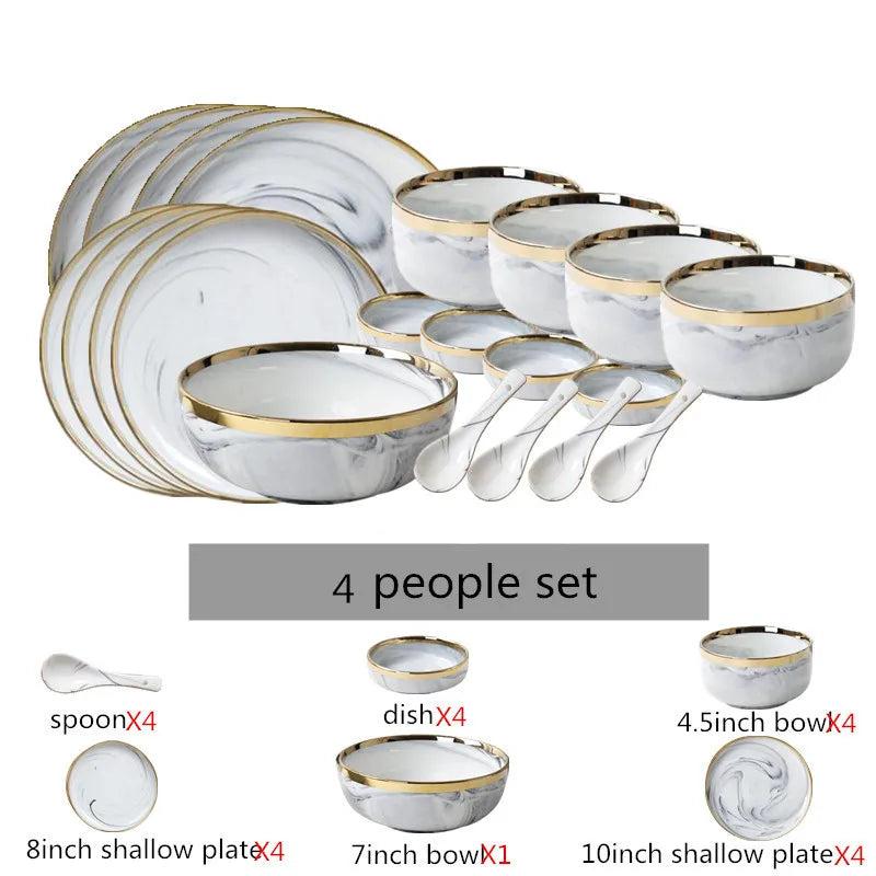 New Double-sided Gilt Rim Gray Marble Pattern Porcelain Dinner Tray Kitchen Plates Ceramic Food Dishes Rice Salad Noodles Bowl