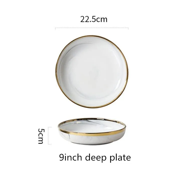 New Double-sided Gilt Rim Gray Marble Pattern Porcelain Dinner Tray Kitchen Plates Ceramic Food Dishes Rice Salad Noodles Bowl