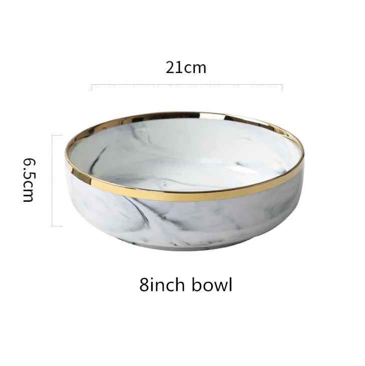 New Double-sided Gilt Rim Gray Marble Pattern Porcelain Dinner Tray Kitchen Plates Ceramic Food Dishes Rice Salad Noodles Bowl