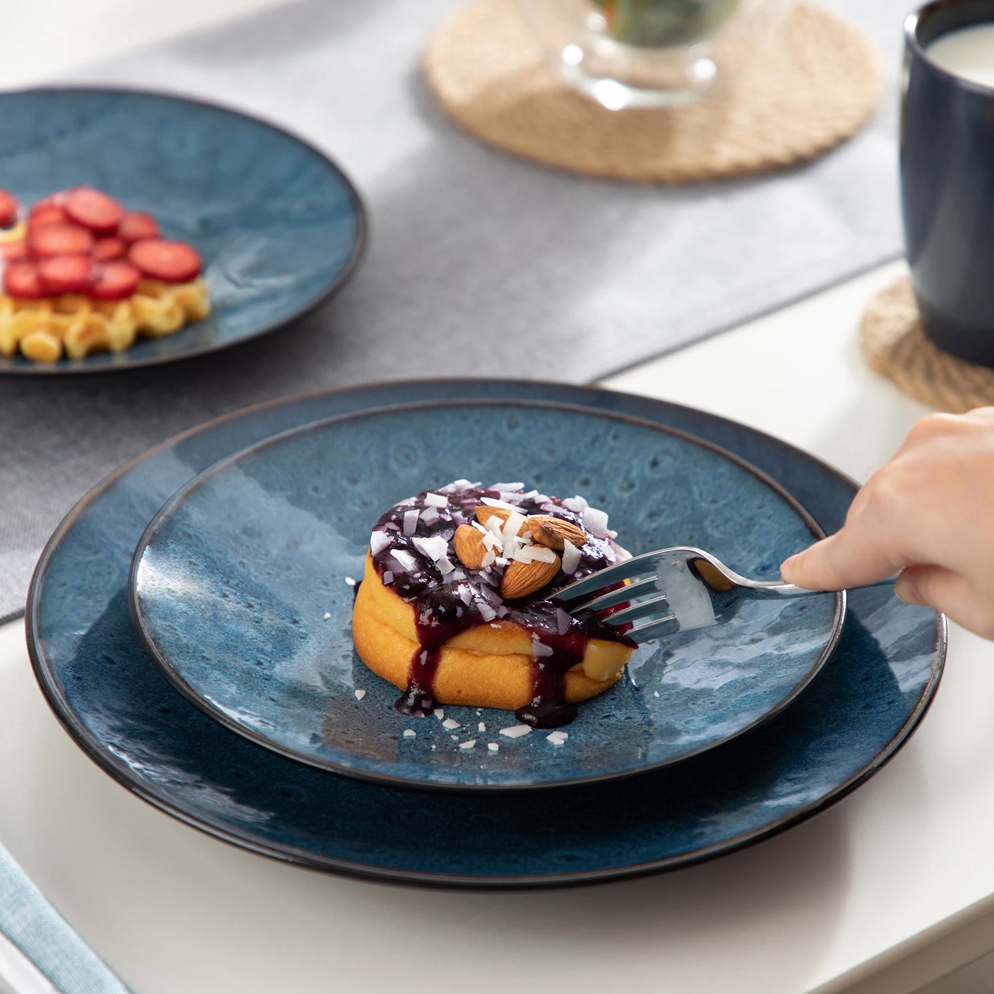 Vintage Ceramic Blue/Brown Stoneware Set with Dinner&Dessert Plate,Bowl,Coffee Cups