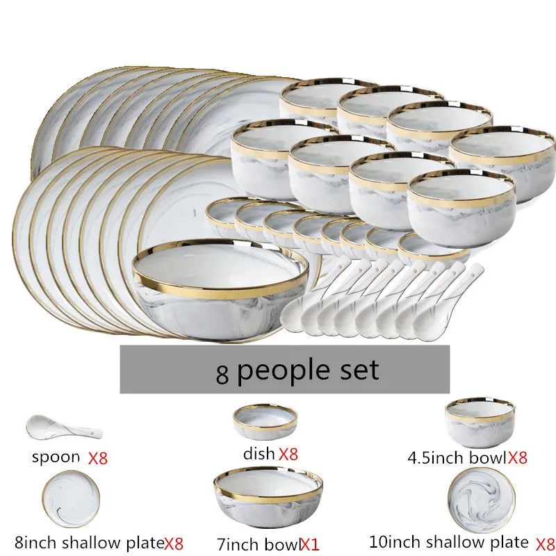 New Double-sided Gilt Rim Gray Marble Pattern Porcelain Dinner Tray Kitchen Plates Ceramic Food Dishes Rice Salad Noodles Bowl