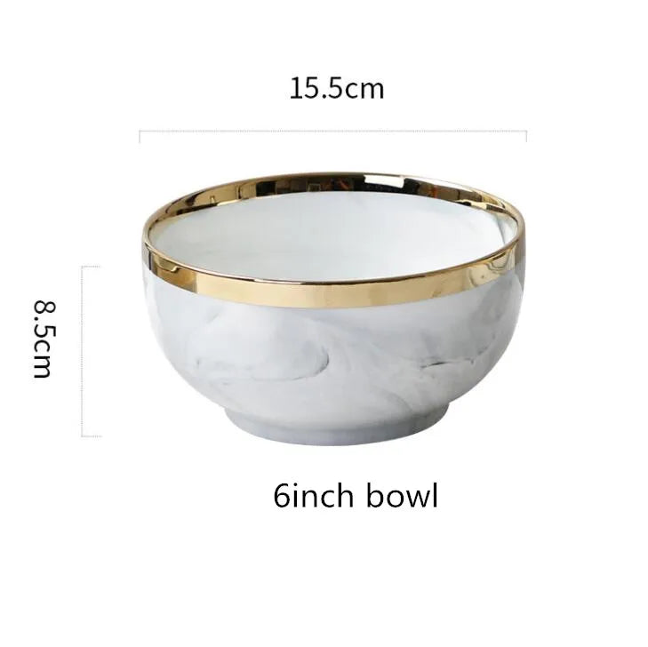 New Double-sided Gilt Rim Gray Marble Pattern Porcelain Dinner Tray Kitchen Plates Ceramic Food Dishes Rice Salad Noodles Bowl