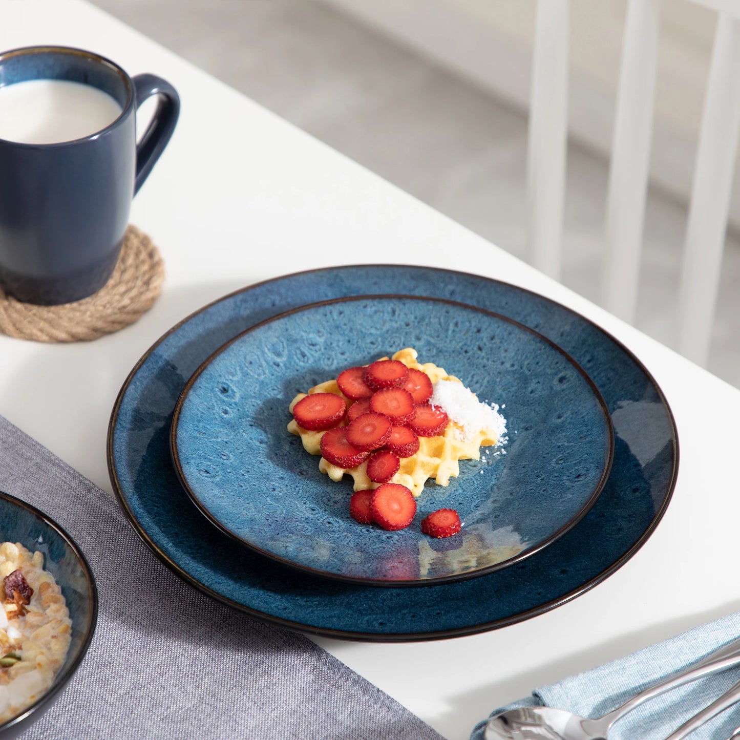 Vintage Ceramic Blue/Brown Stoneware Set with Dinner&Dessert Plate,Bowl,Coffee Cups