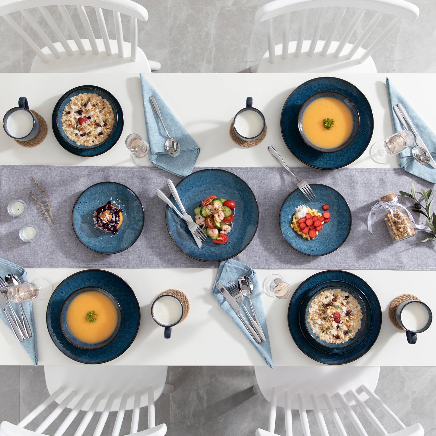 Vintage Ceramic Blue/Brown Stoneware Set with Dinner&Dessert Plate,Bowl,Coffee Cups