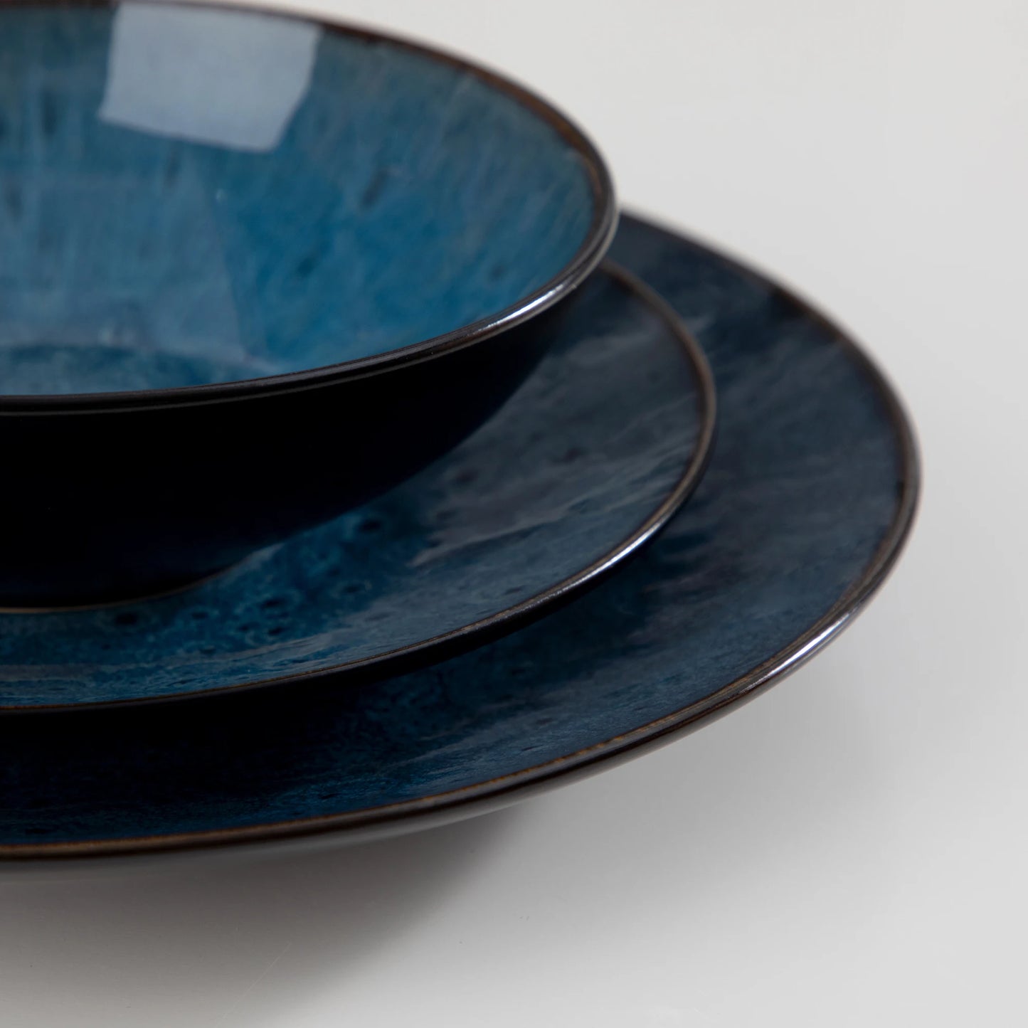 Vintage Ceramic Blue/Brown Stoneware Set with Dinner&Dessert Plate,Bowl,Coffee Cups