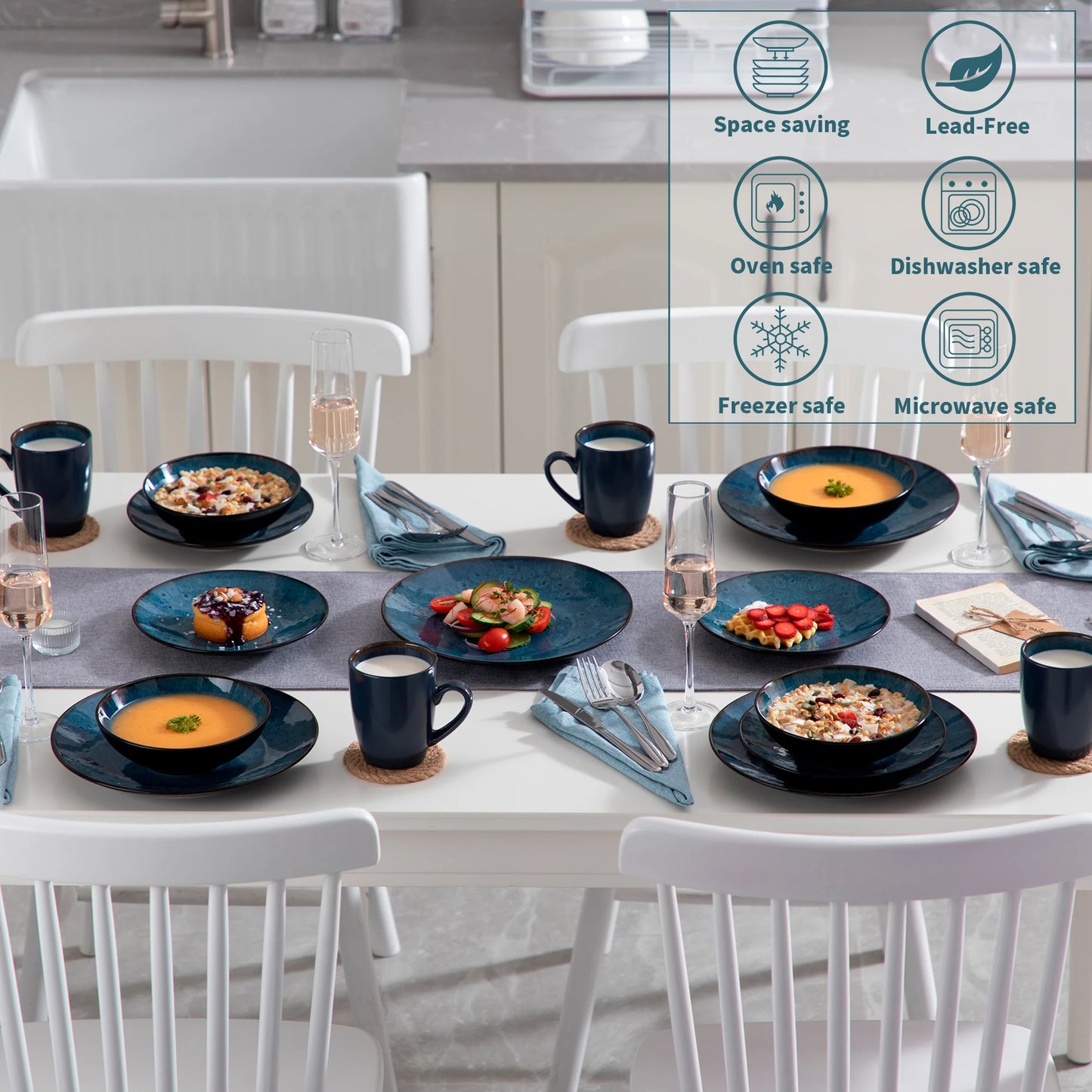 Vintage Ceramic Blue/Brown Stoneware Set with Dinner&Dessert Plate,Bowl,Coffee Cups