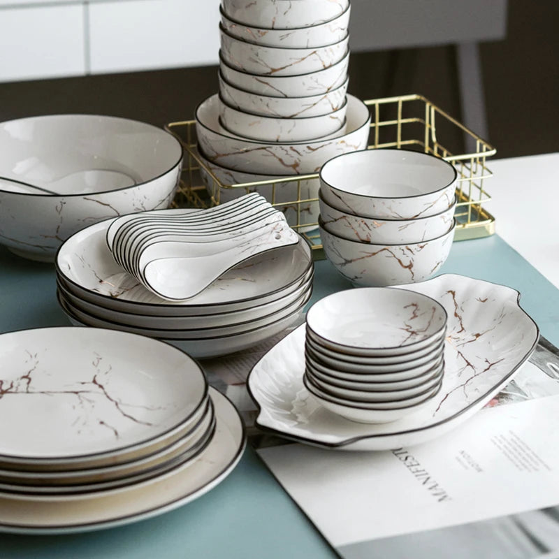 Black Border Ceramic Dishes and Plates Sets, Creative Marble Dinner Plate, Nordic Round Dessert Dishes, Household Tableware