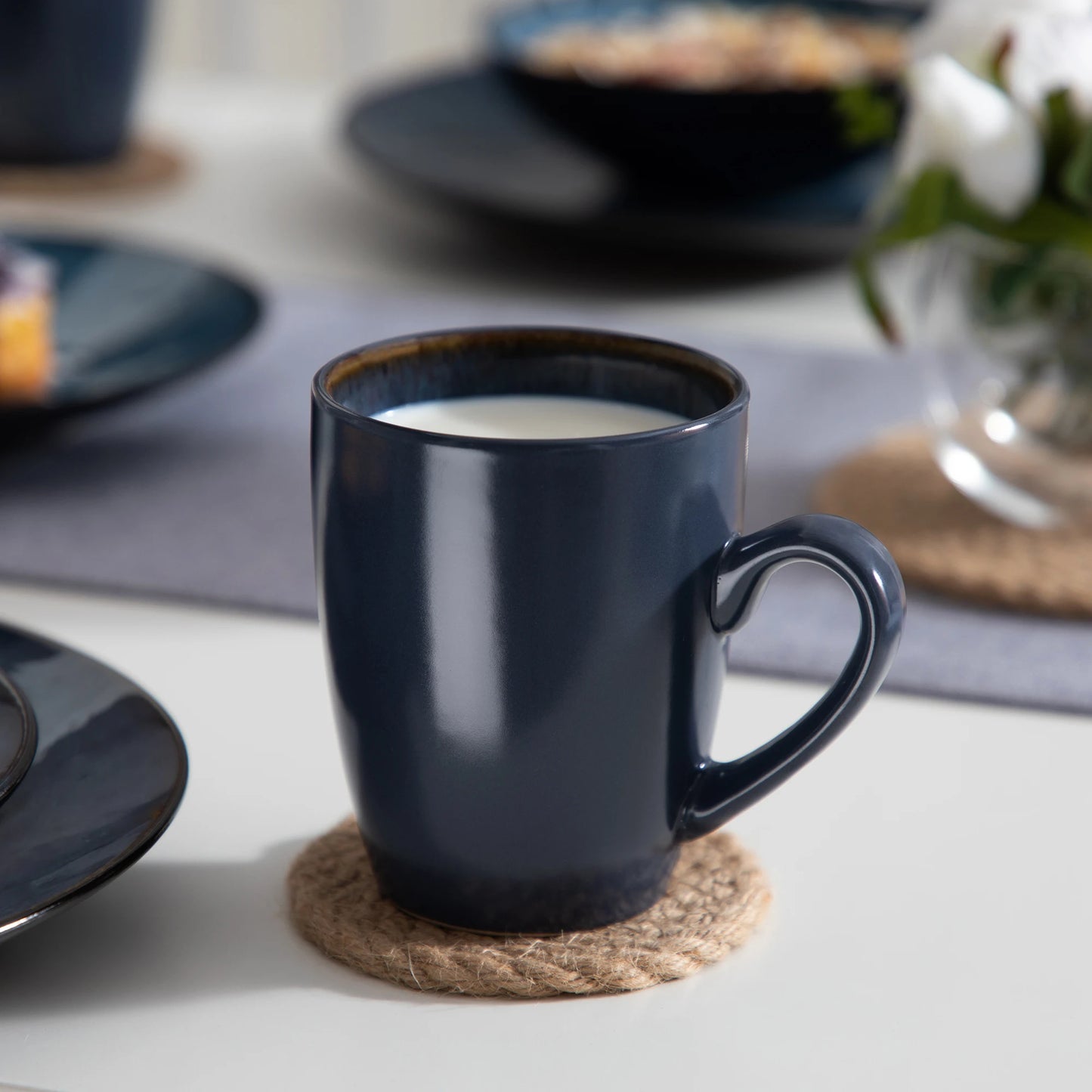 Vintage Ceramic Blue/Brown Stoneware Set with Dinner&Dessert Plate,Bowl,Coffee Cups