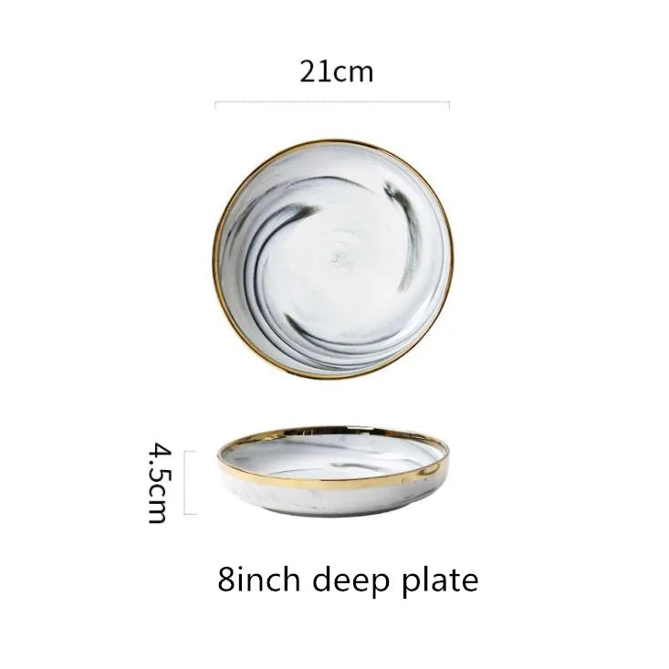 New Double-sided Gilt Rim Gray Marble Pattern Porcelain Dinner Tray Kitchen Plates Ceramic Food Dishes Rice Salad Noodles Bowl