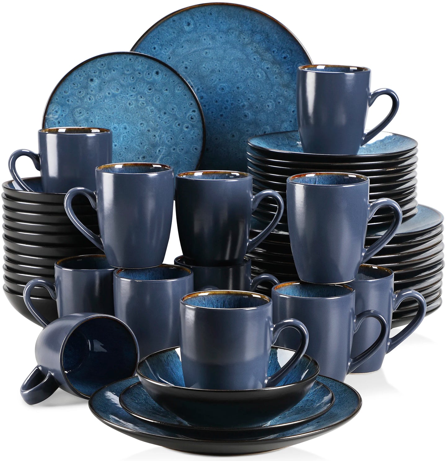 Vintage Ceramic Blue/Brown Stoneware Set with Dinner&Dessert Plate,Bowl,Coffee Cups