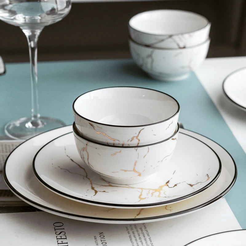 Black Border Ceramic Dishes and Plates Sets, Creative Marble Dinner Plate, Nordic Round Dessert Dishes, Household Tableware