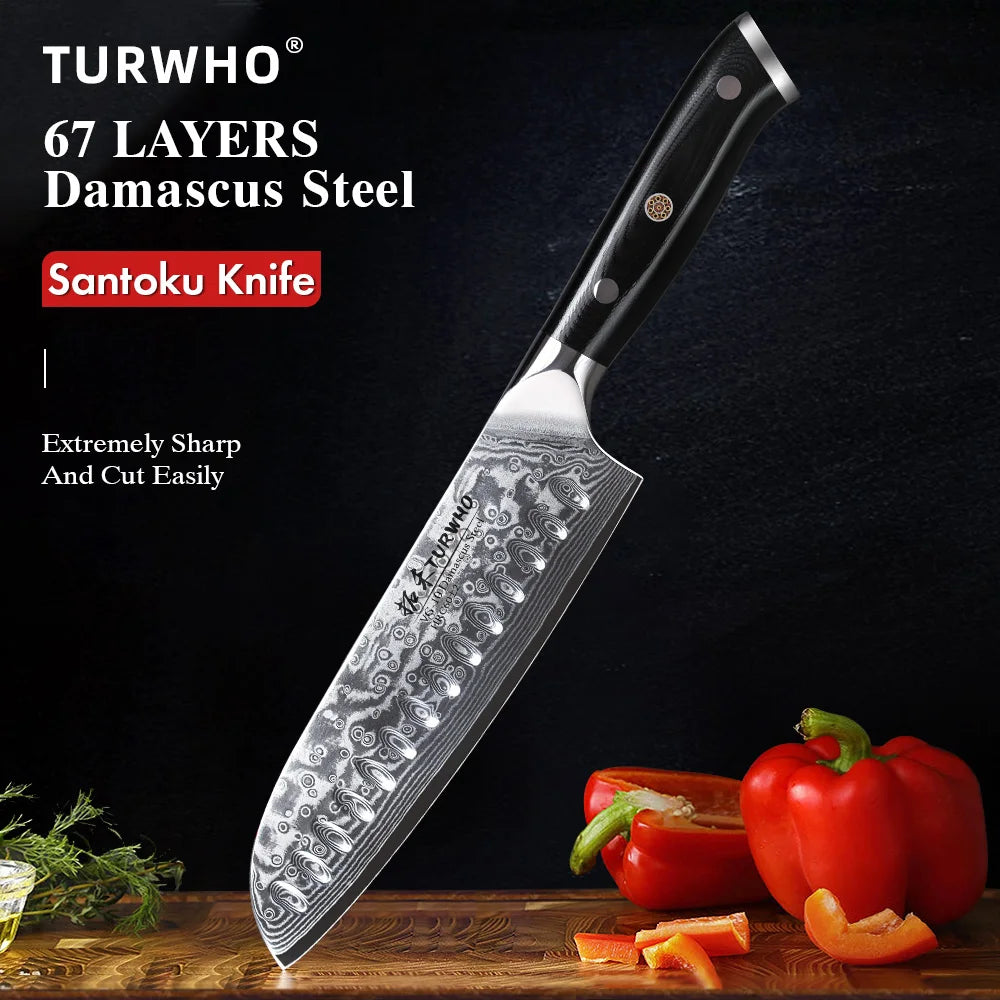 TURWHO 7" Japanese Style Santoku Knife Damascus Steel Professional Chef Knife Slicing Meat Cleaver Beef Kitchen Cooking Tools